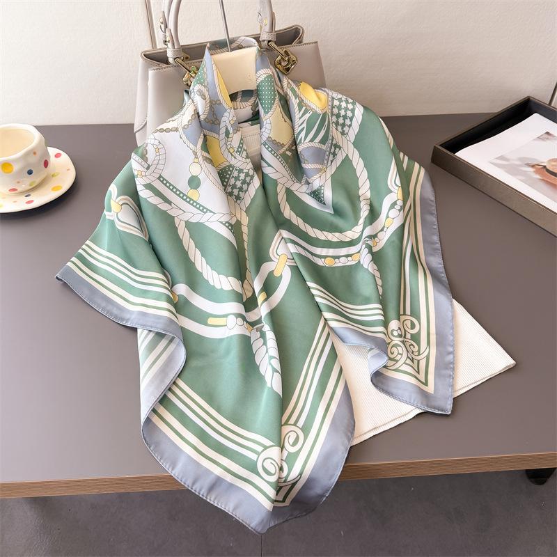 Light luxury chain simulation silk high-end large square scarf silk scarf printed shawl decorative scarf sunscreen headscarf women's scarf