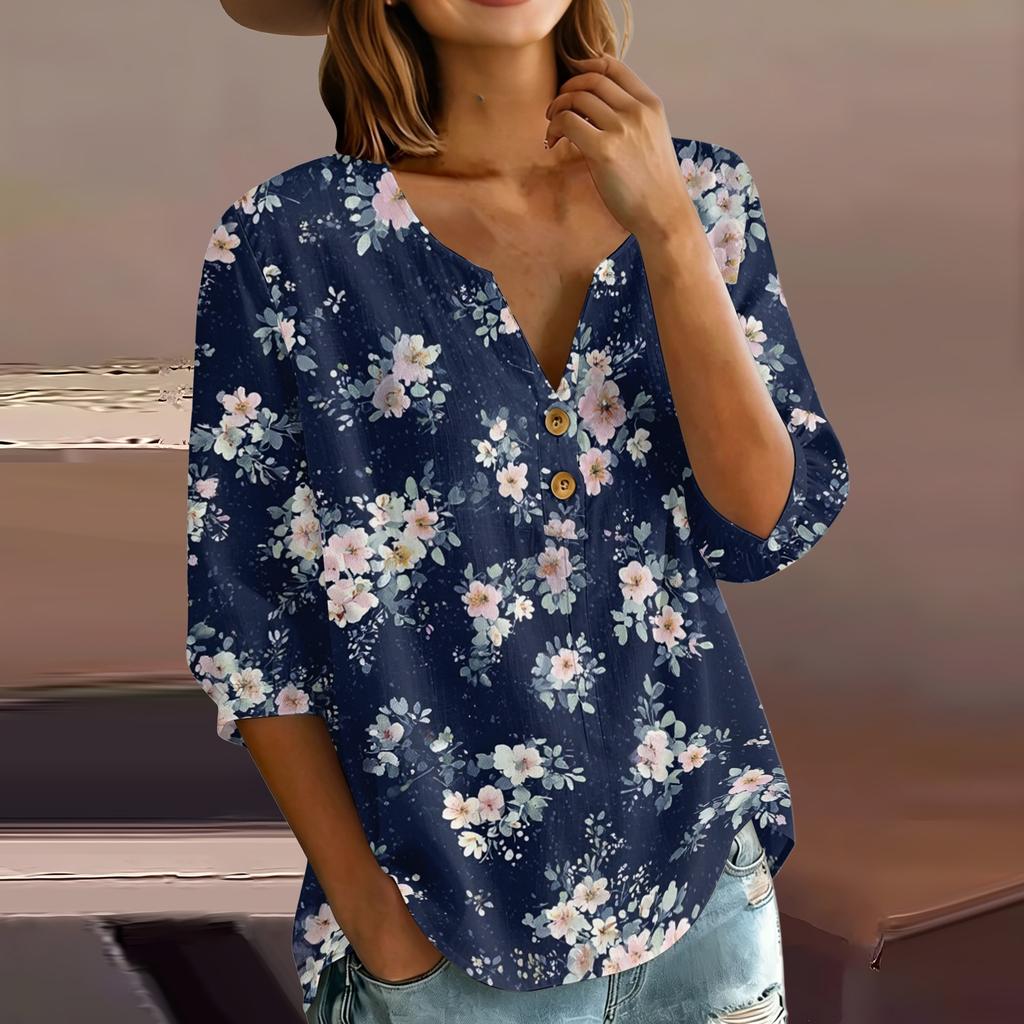 Women’s Floral Print Henley Neck Button Front Cotton Linen Blouse with Chest Pocket and Three Quarter Sleeves for Casual Wear