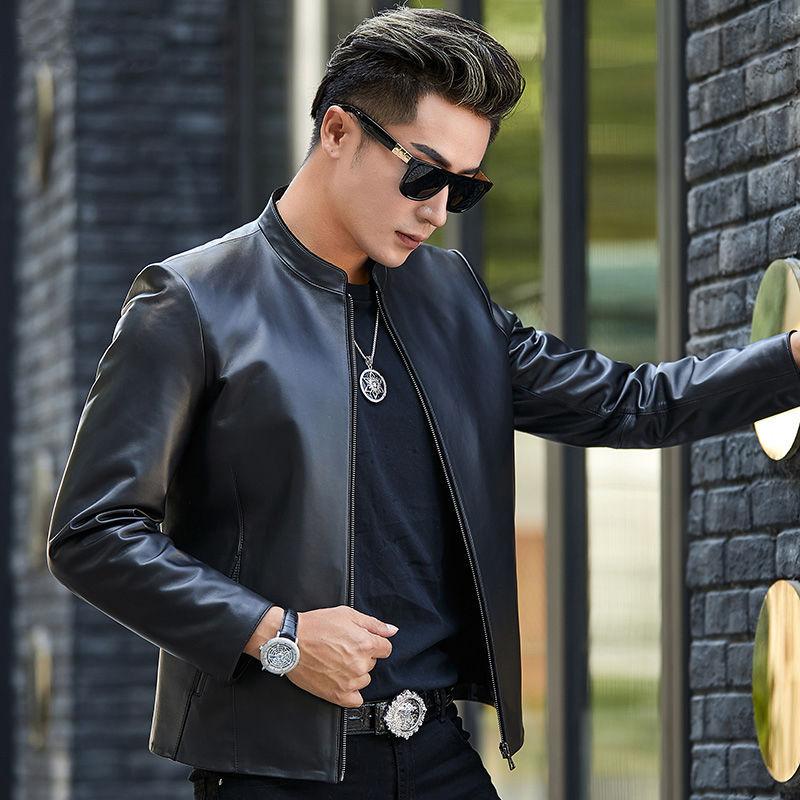 Leather Jacket Men's New First Layer Sheepskin Leather Jacket Black Single Style Stand Collar Slim Motorcycle Jacket