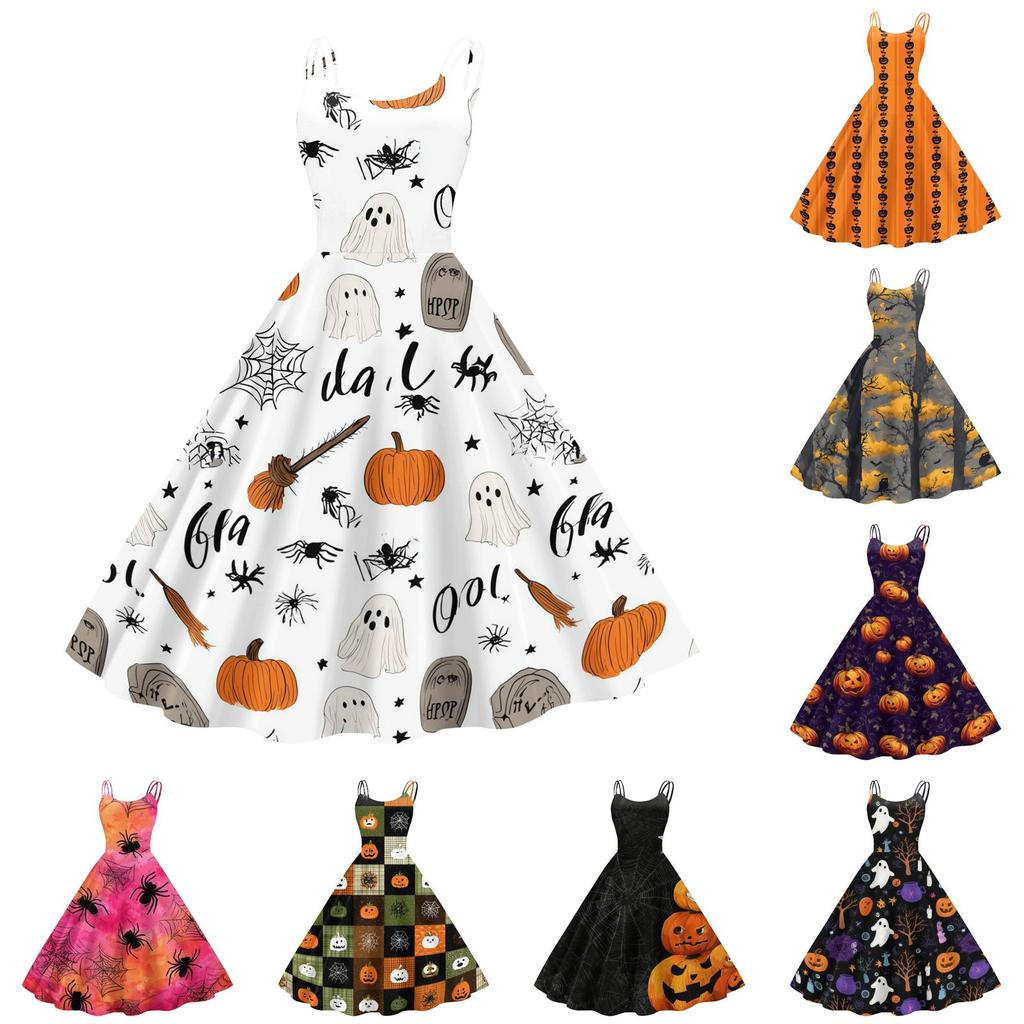 Womens Halloween Spider Web Pumpkin Print Off Shoulder Punk Vintage Dress Double Strap Sleeveless Flared Skirt Party Dress