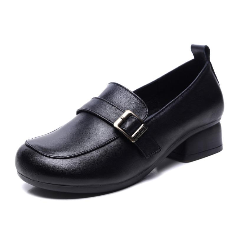 Deep mouth small leather shoes round head thick heel soft sole single shoes first layer cowhide versatile women's shoes