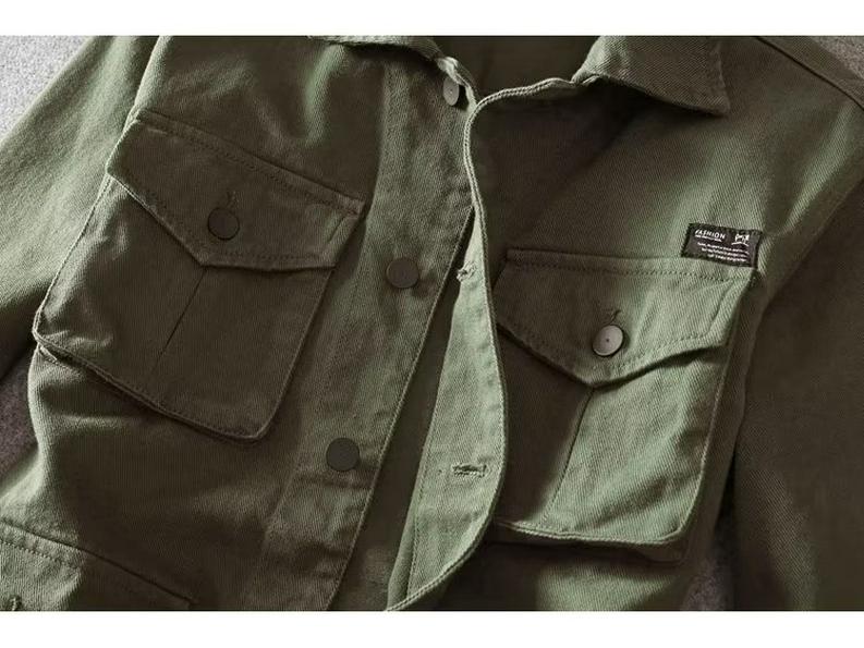 Herren Locker Geschnittene Freizeitjacke mit mehreren Taschen - Einfarbig, Japanischer Stil, Frühling/Herbst.