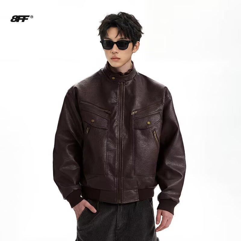 Cleanfit silhouette big pocket PU leather American locomotive jacket men's trendy brand ruffian handsome tough guy style jacket black