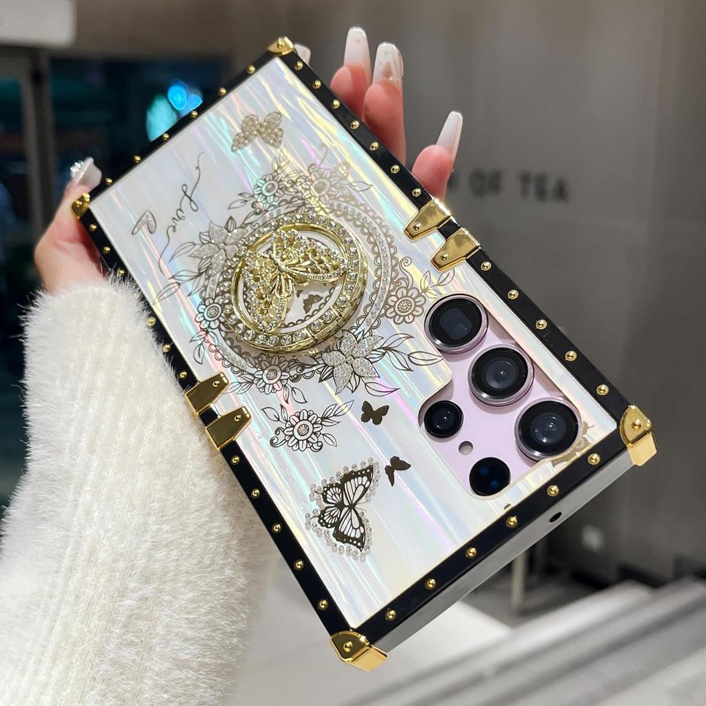 for Samsung Galaxy S25 Ultra Glitter Kickstand Case, Cute Luxury 3D Bling Sparkly Floral Diamond Butterfly with Ring Stand Elegant Shockproof Women