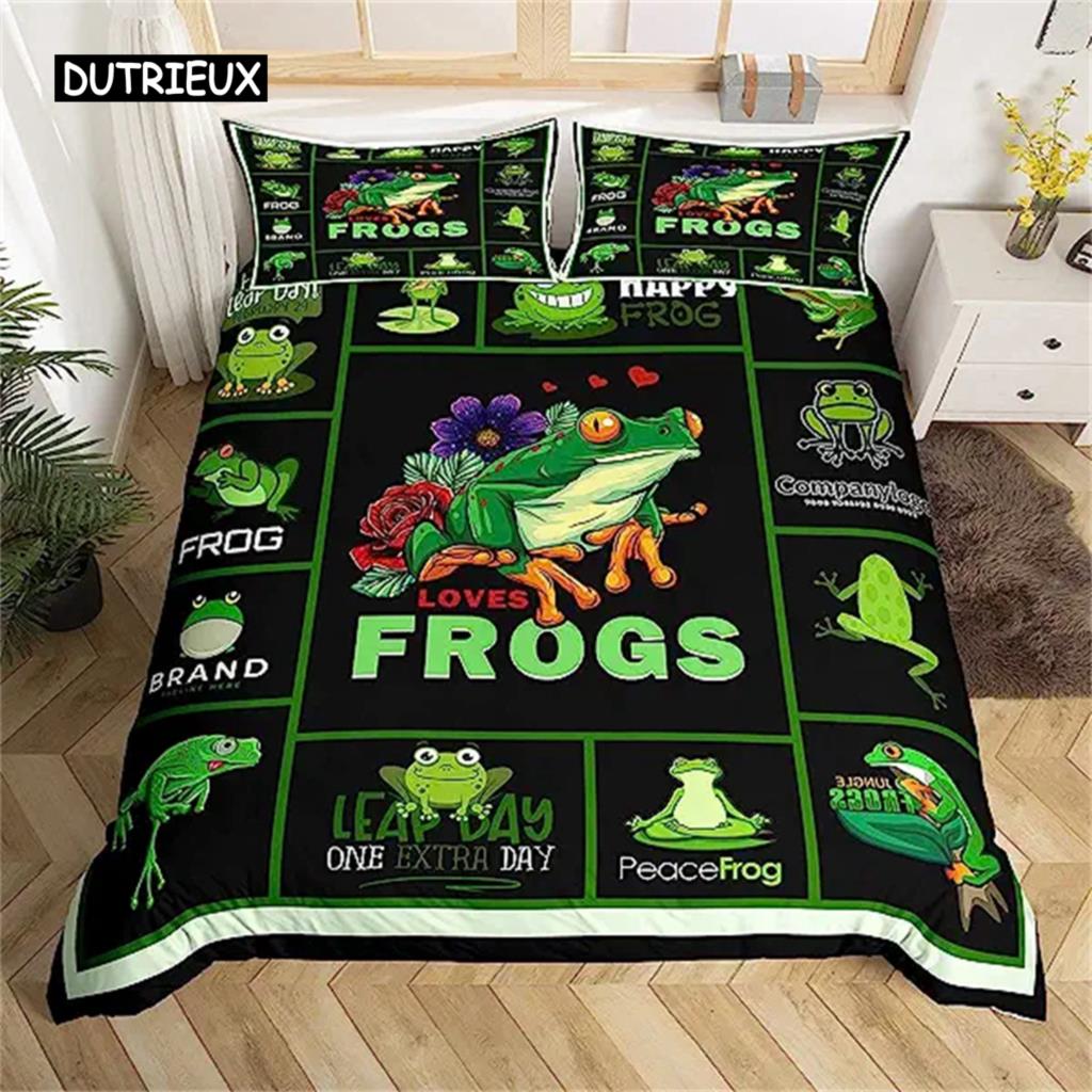 Duvet Cover Cartoon Mushroom Frog Cute Frog Duvet Cover for Kids Boys Girls Natural Wild Fungus Comforter Cover Pink Mushroom