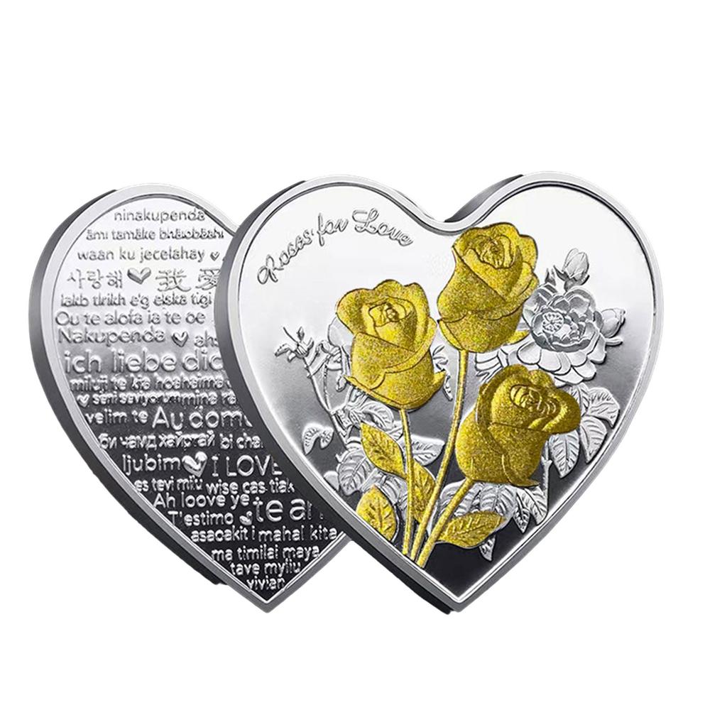 Herzförmige Liebesgedenkmünze Liebesherz Rose Metallmünzen Hochzeitssouvenirs mit verschiedenen "Ich liebe dich"-Sprüchen