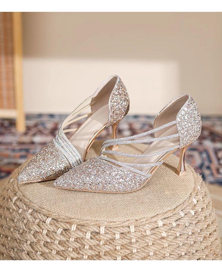 2025 Champagne Rhinestone Stiletto Heels: Elegant Pointed Toe Bridal Shoes