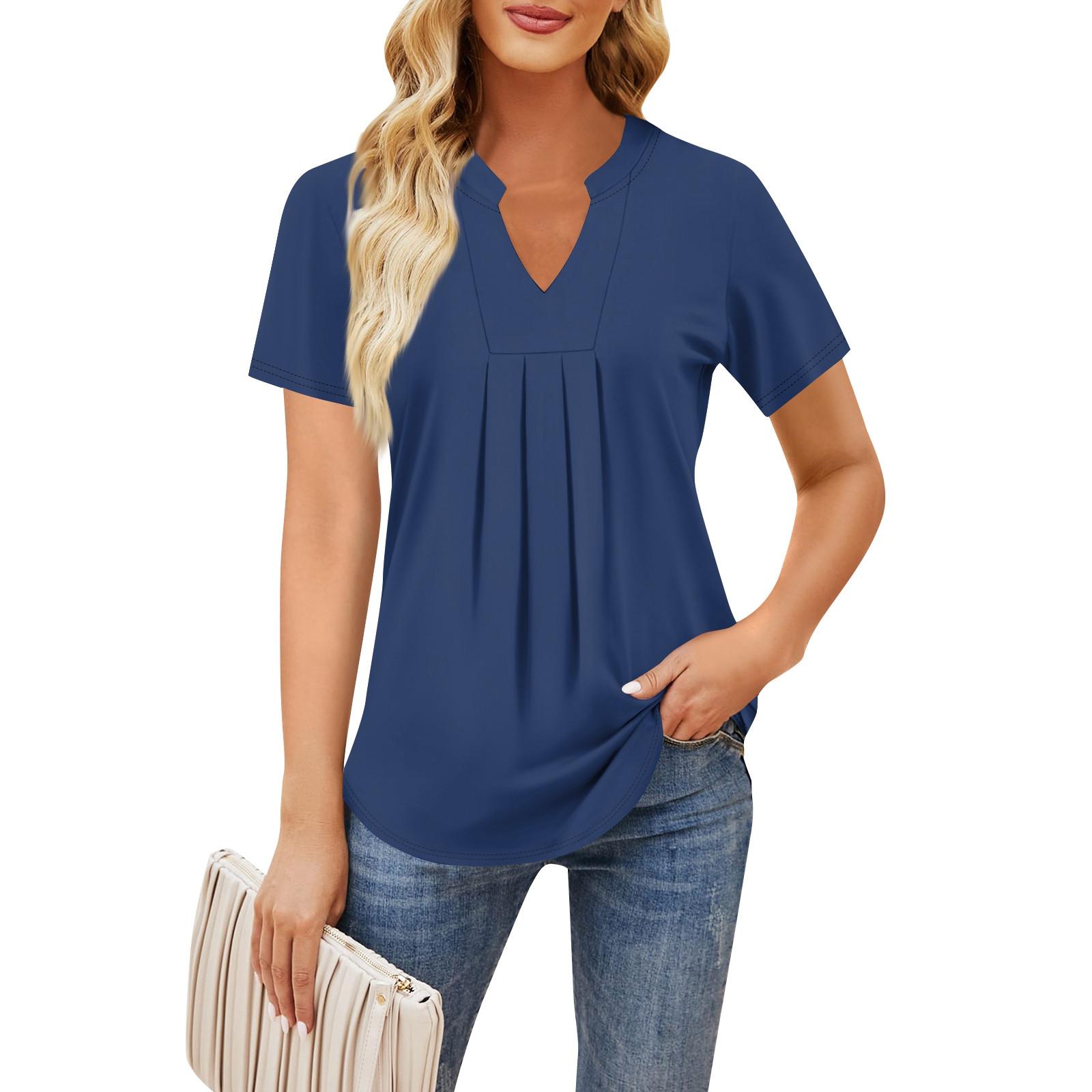 Женская повседневная свободная футболка с коротким рукавом и v-образным вырезом на груди — фото 4