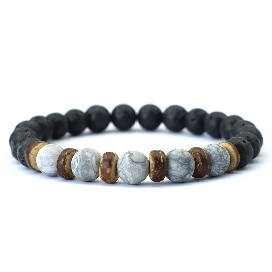 New Natural Wooden Bracelet For Men Meditation Braslet Volcanic Rock Braclet Gemstone Stretch Beaded Brazalete Pulsera