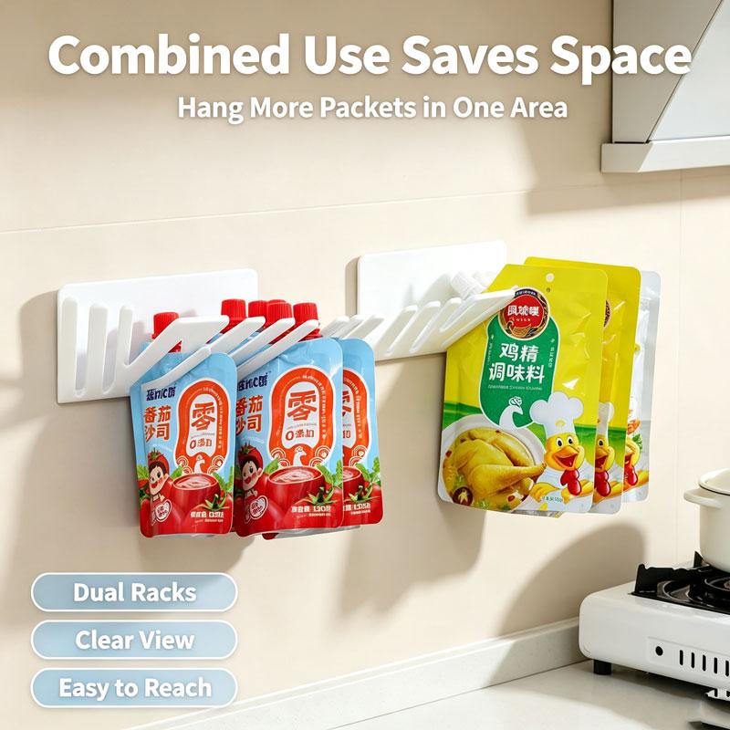 Punch Free Wall Mounted Seasoning Packet Storage Rack, Kitchen Spice Sauce Bag Organizer Holder for Refrigerator & Wall