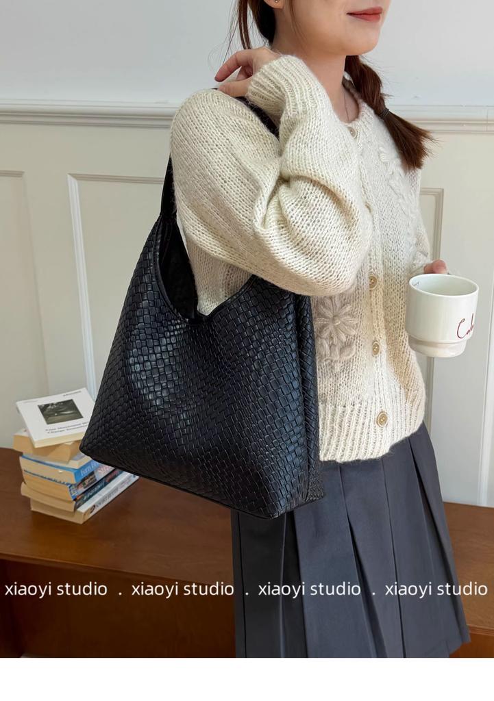 Casual Knitting PU Leather Women's Shoulder Bags Vintage Solid Color Ladies Underarm Bags Fashi Large Capacity Female Tote Bag