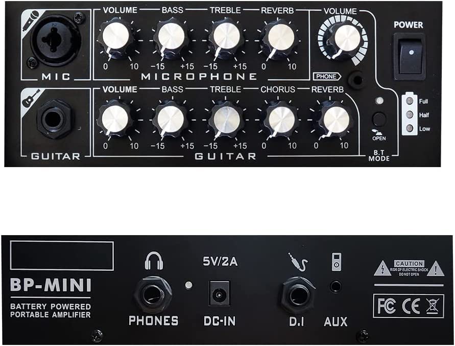 Coolmusic BP MINI Akustický kytarový zesilovač, 30W dobíjecí přenosný zesilovač s BT reproduktorem, vstup pro mikrofon, ovládání hlasitosti, basů, výšek,