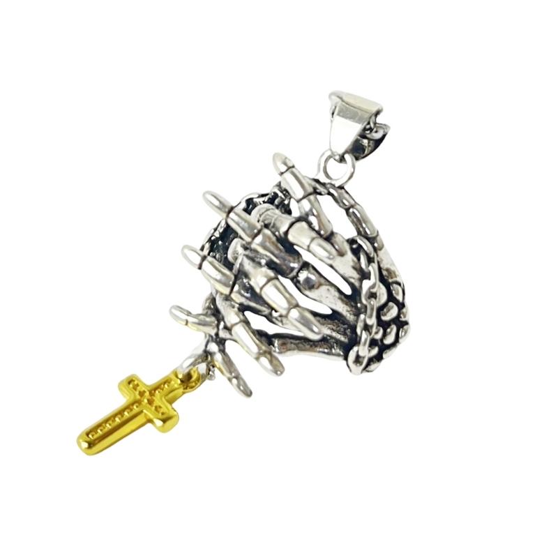 A52E Unique Prayer Hands Skeleton Crucifix Necklace/Pendant Stylish Jewelry for Rock Enthusiasts and Religious Believers