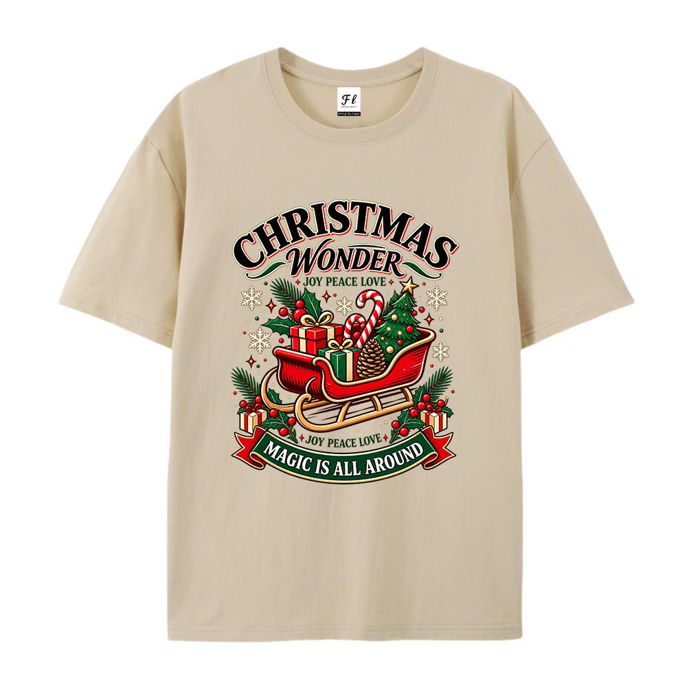 Women's Christmas Wonderland Graphic T Shirt Santa Sleigh Tree Gift Print Casual Short Sleeve Crew Neck Holiday Tee