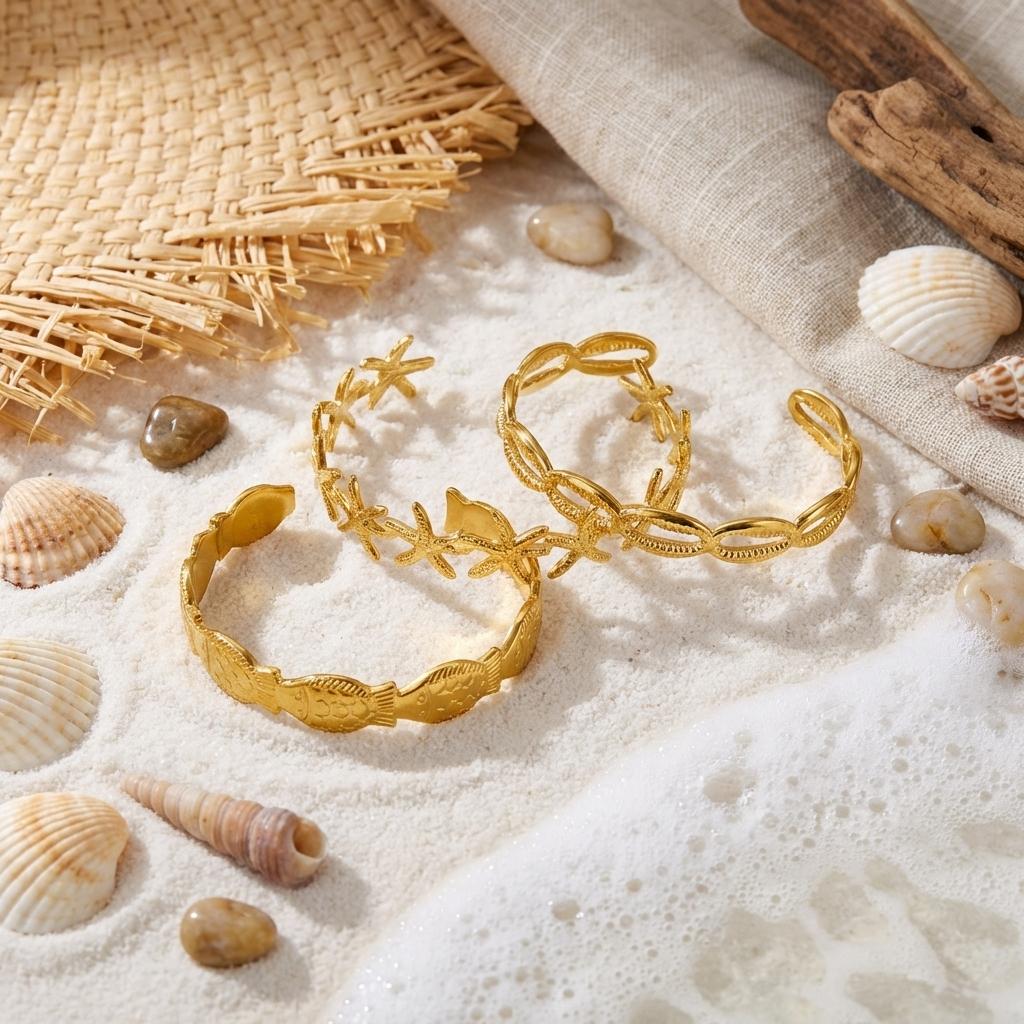Summer Ocean Style Fish Shell Starfish Cuff Open Bangle for Women Gold Color Stainless Steel Bracelet Aesthetic Party Jewelry