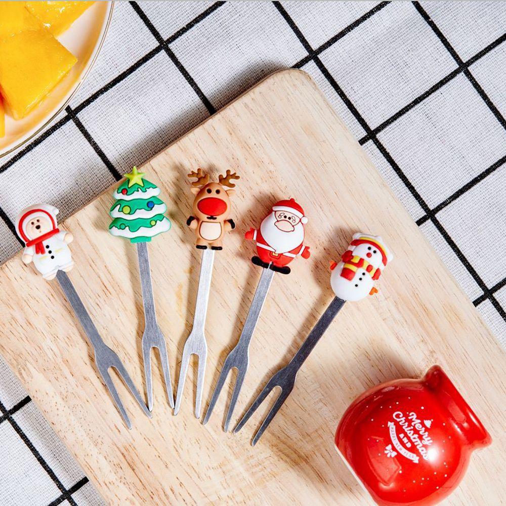 5pcs/Set Dessert Fruit Forks Christmas Stainless Steel Mini Salad Food Dinnerware Cutlery Set