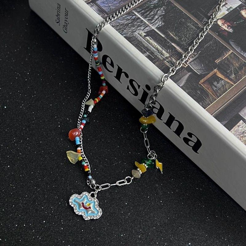 2024 New Sweet Cool Wind Colorful Stone Love Drop Glaze Necklace Women's Summer Niche Design Internet Celebrity Babes Collarbone Chain