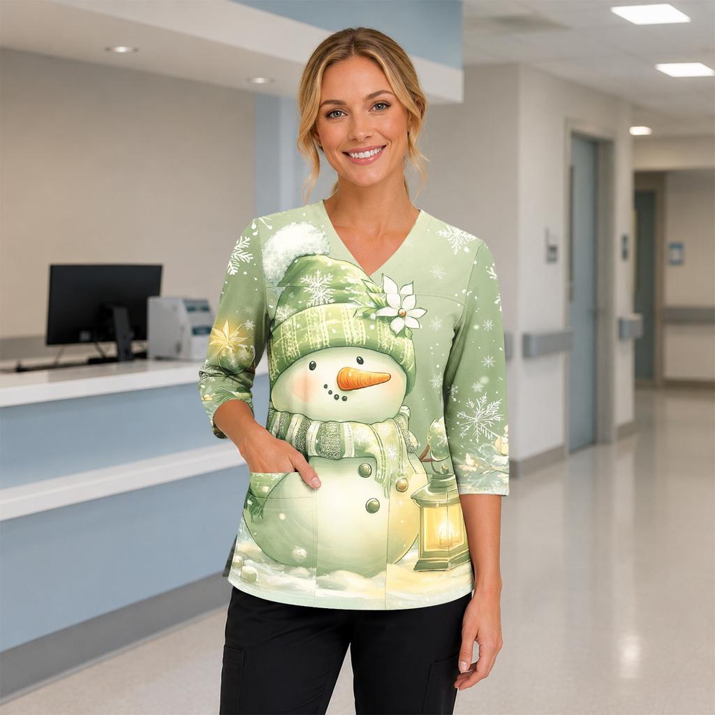 Women's Christmas Print V-Neck Work -Quarter Sleeve Caregiver Uniform Scrub Tunic