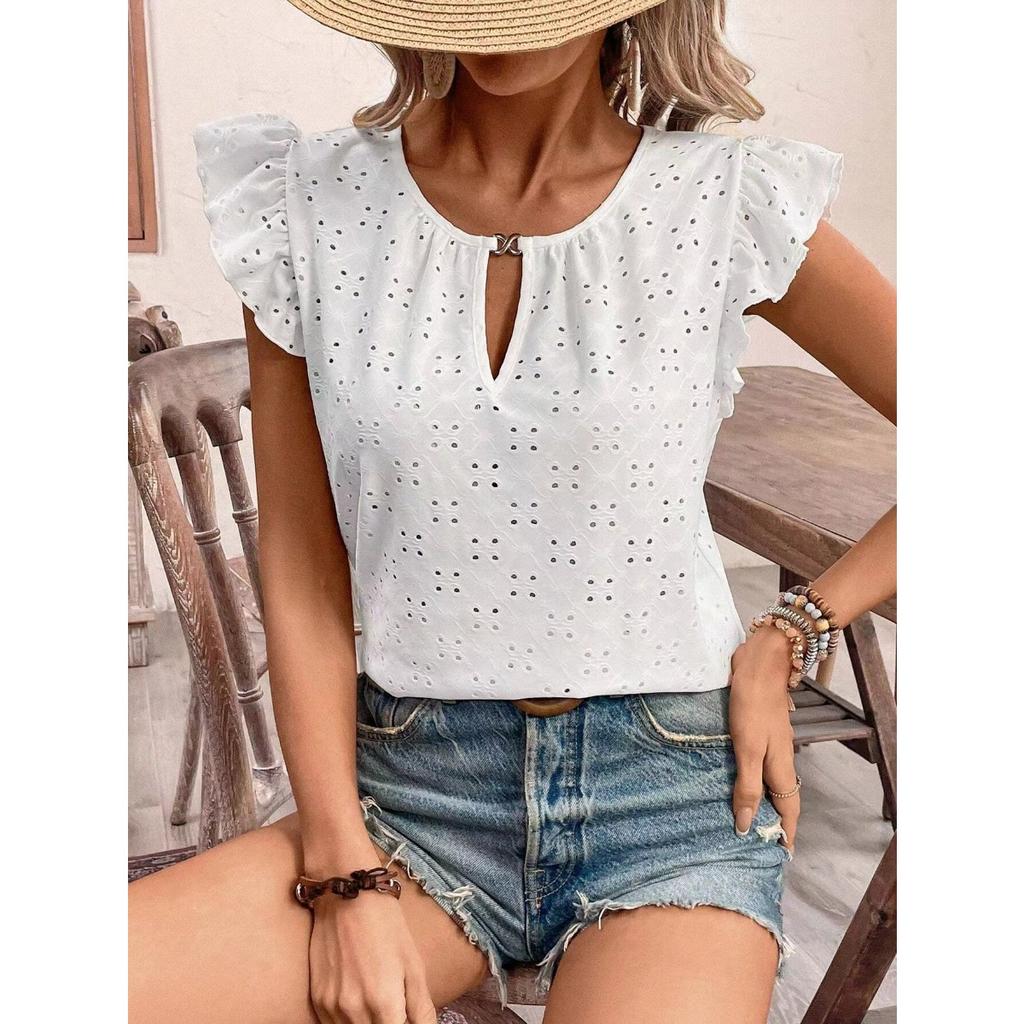 Jacquard V-Neck Push-Up Sleeve Short Sleeve T-Shirt Top,Women's