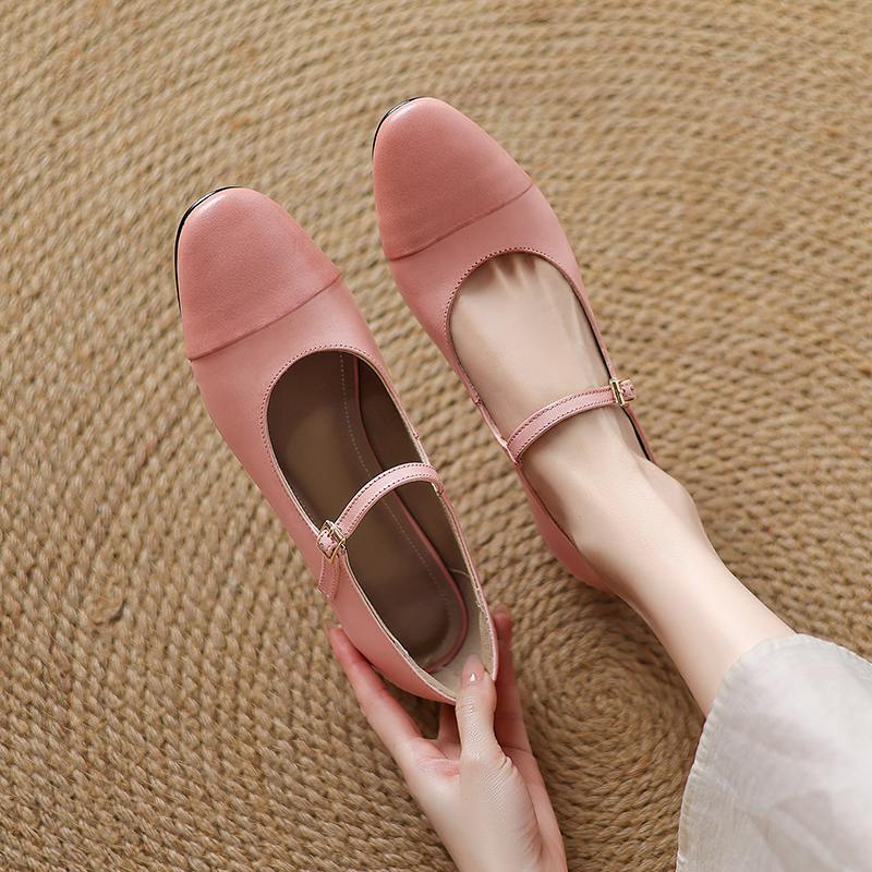 Krazing Pot Cow Skin Spring Summer Size 41 Thick Med Heels Women Round Toe Metal Buckle Straps Shallow Pink Color Pumps