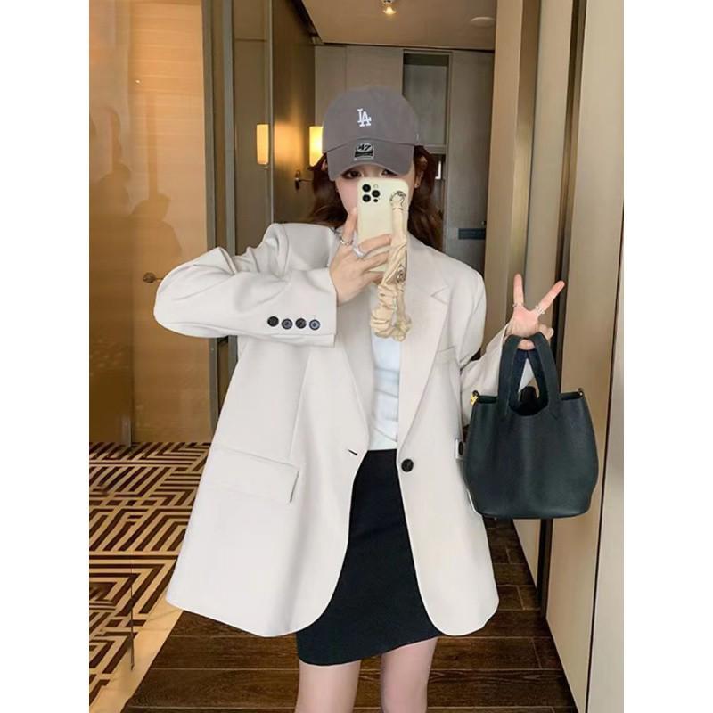 Beige Back Slit Small Suit Jacket for Women - Spring 2025 Korean Style Loose Fit Blazer