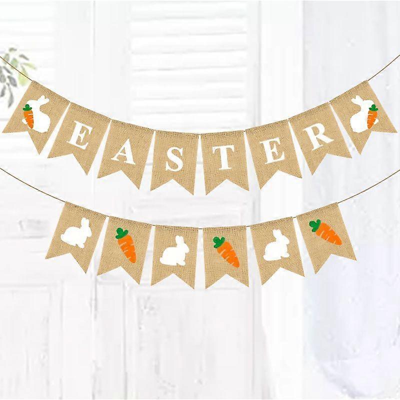 Happy Easter Banner Burlap - Rustic Easter Decorations - Easter Bunny Banner For Mantle Fireplace - Spring Easter Party