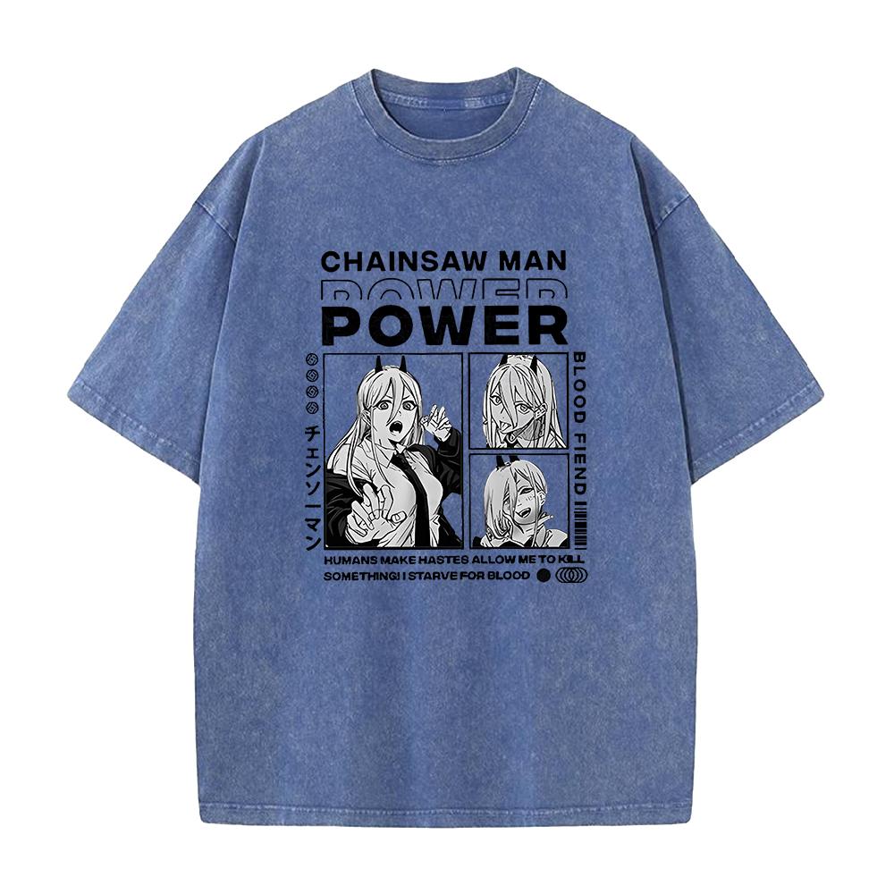 Anime Chainsaw Man Power Print Tee Men Women Plus Size Tshirts Manga Washed Cotton T Shirt Harajuku Unisex Comfortable Tshirt