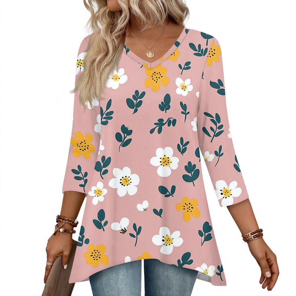 Dámské topy s výstřihem do V a 3/4 rukávem, ležérní košile střední délky, módní tuniky s potiskem