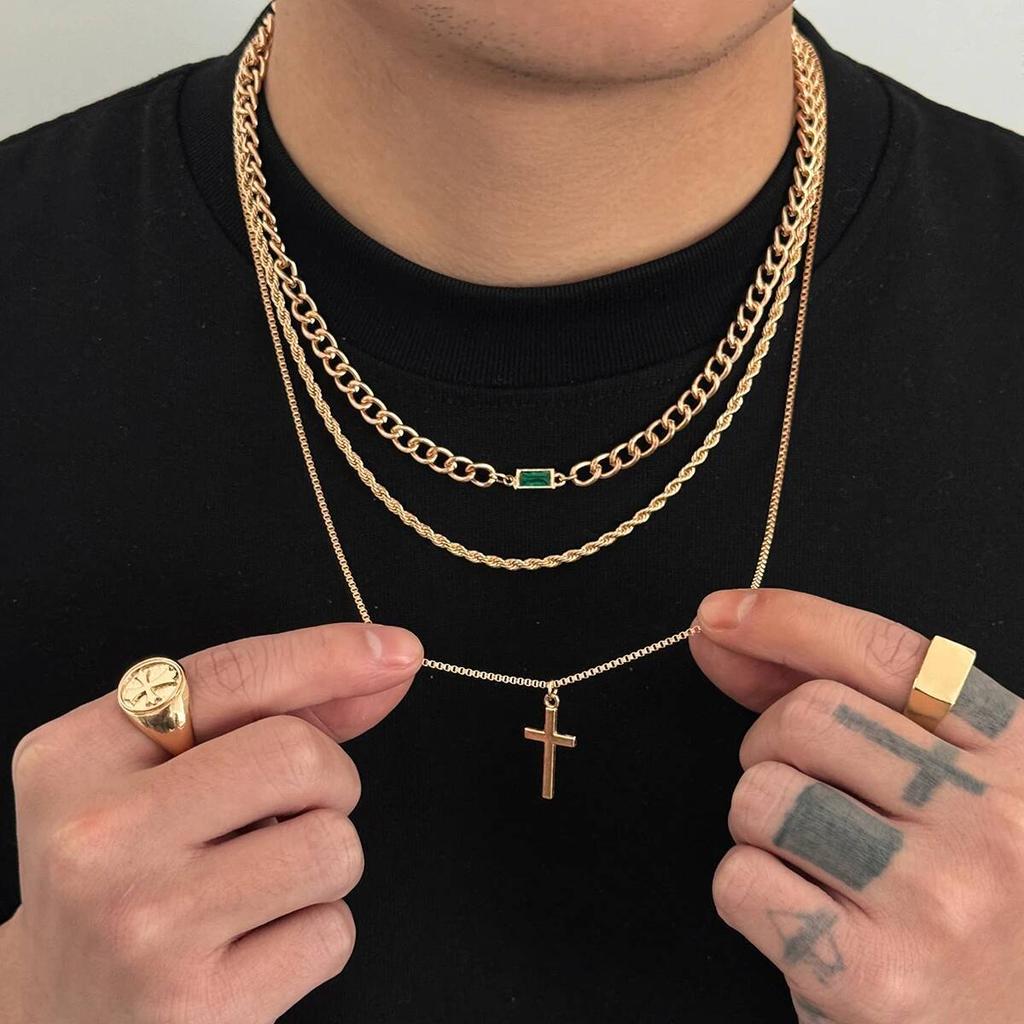 SHIXIN 3 Stück/Set Hip Hop Metall Jesus Kreuz Anhänger Dünne Schlangenkette Halskette Herren Punk Goldfarbe Cuban Link Kette Choker Schmuck