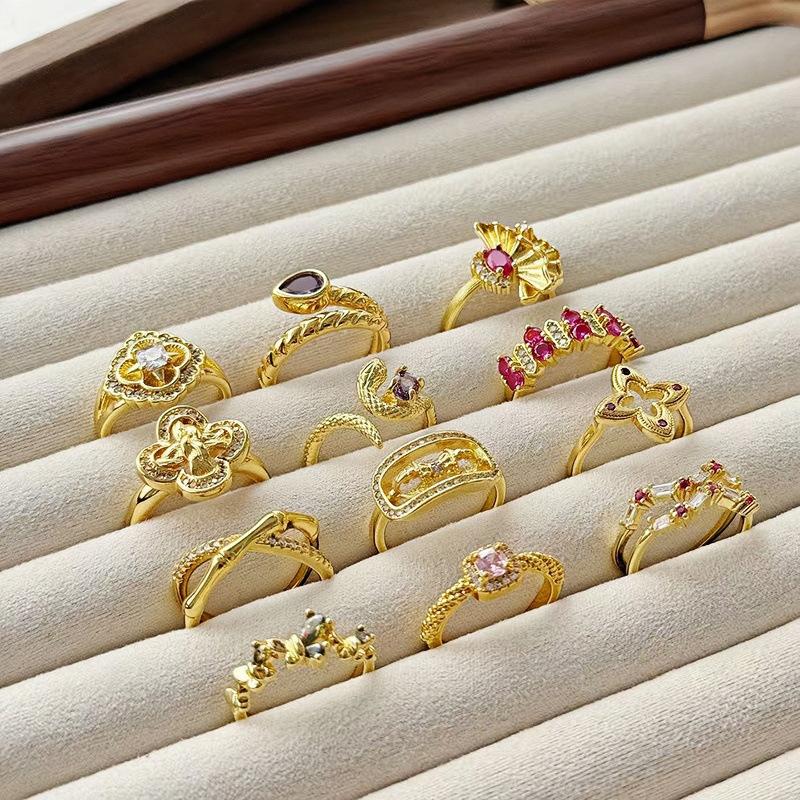 French Medieval Retro Brushed Four-Leaf Clover Open Ring Niche High-End Diamond-Encrusted Zircon Flower Index Finger Ring Female