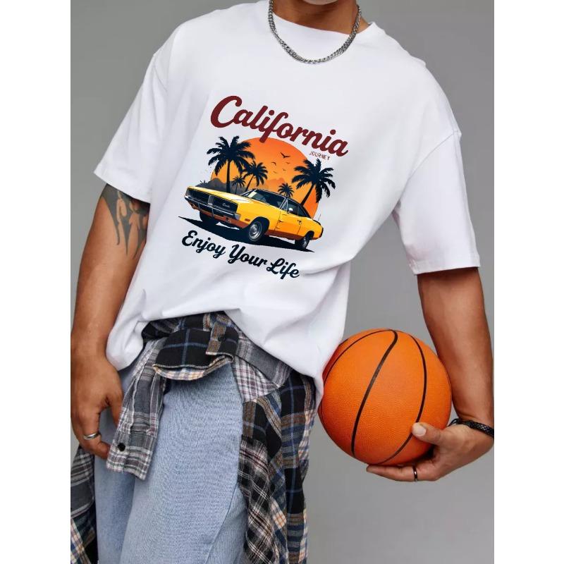 California Journey T Shirt White Classic Car Palm Tree Sunset Design Enjoy Your Life Graphic Printfor Men Summer Outfit Streetwear Fashion