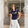 Korean Letter Print Wear with Shoulder Short-sleeved Cotton T-shirt Women's Summer New Versatile Crew Neck Slim-fit Top