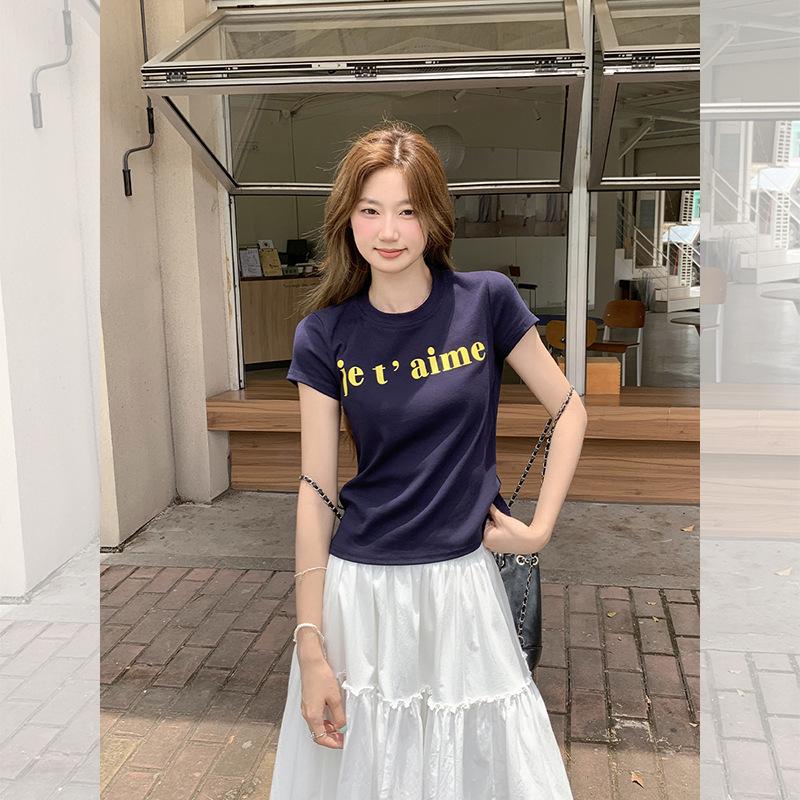 Korean Letter Print Wear with Shoulder Short-sleeved Cotton T-shirt Women's Summer New Versatile Crew Neck Slim-fit Top