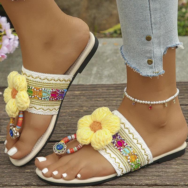 

Fashion 2025 Bohemia Flower Flats Slippers Women Beach Vacation Clip Toe Sandals Woman Fashion Embroidery Non Slip Flip Flops Female 43 35 белый