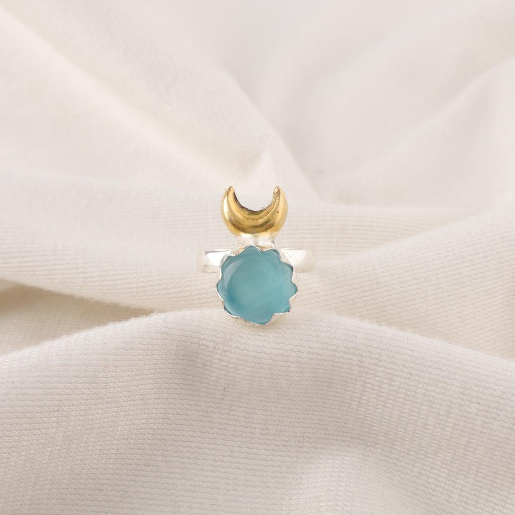 Round Blue Cat's Eye Stone Sterling Silver Cocktail Handcrafted Mother Gift Ring RR-58-48