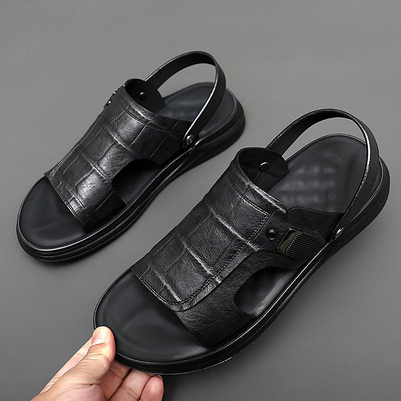 

2024 Новые винтажные британские мужские сандалии Летние пляжные тапочки на плоской подошве Мягкие дышащие уличные сандалии Кожаная обувь Шлепанцы Обувь 44 чёрный