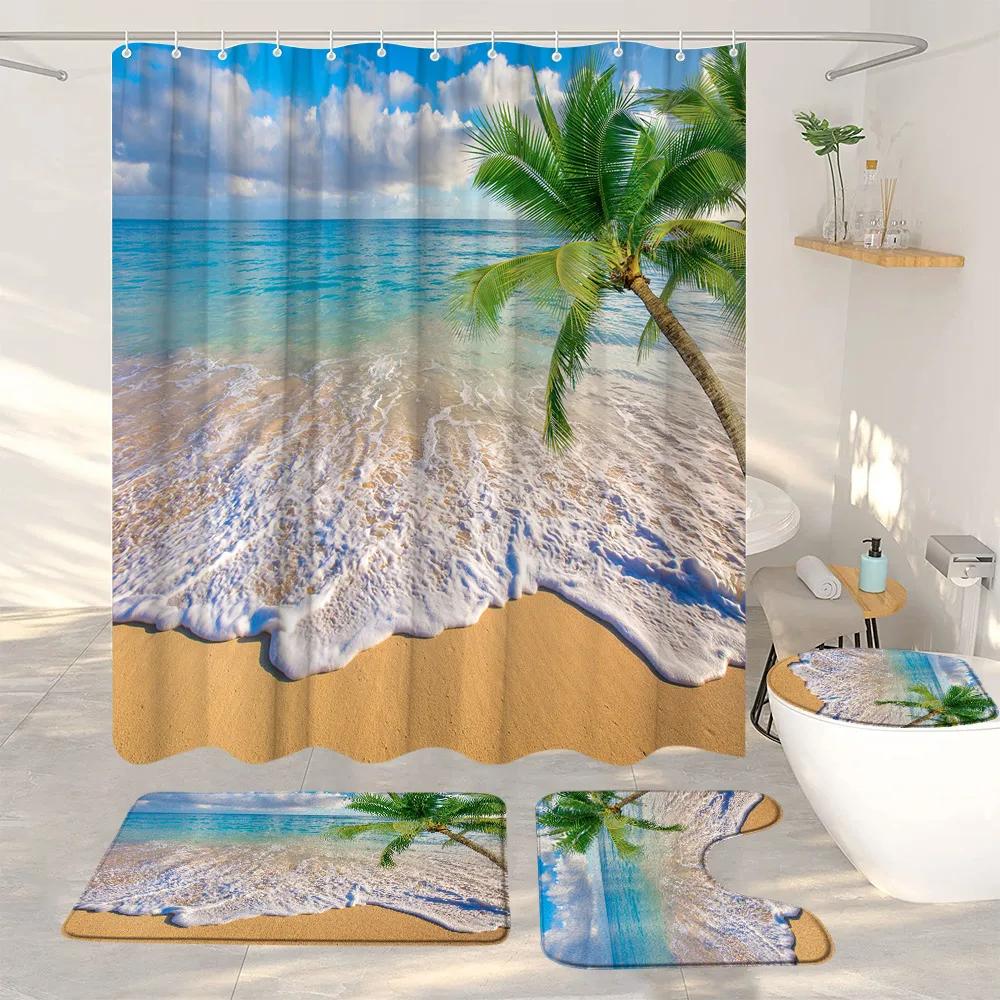 Ocean Beach Shower Curtains And Rugs For Seaside Tropical Landscapes Coconut Trees Cars Hanging Curtains Bath Pad Bathroom Decor