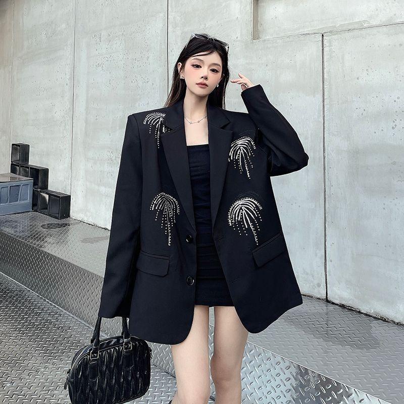 

Spring Autumn Women High End Custom Black Blazer Shoulder Padded Loose Long Sleeve Designer Rhinestone Detail Niche Style Suit Outerwear XL чорний