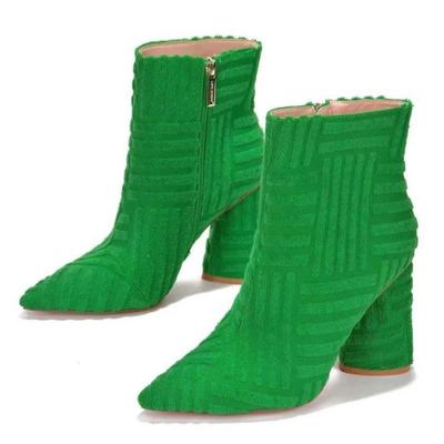 Spring Autumn Ladies Ankle Boots Green Pointed Toe Roman Boots Denim Square Heel Side Zipper Sexy Women Boots