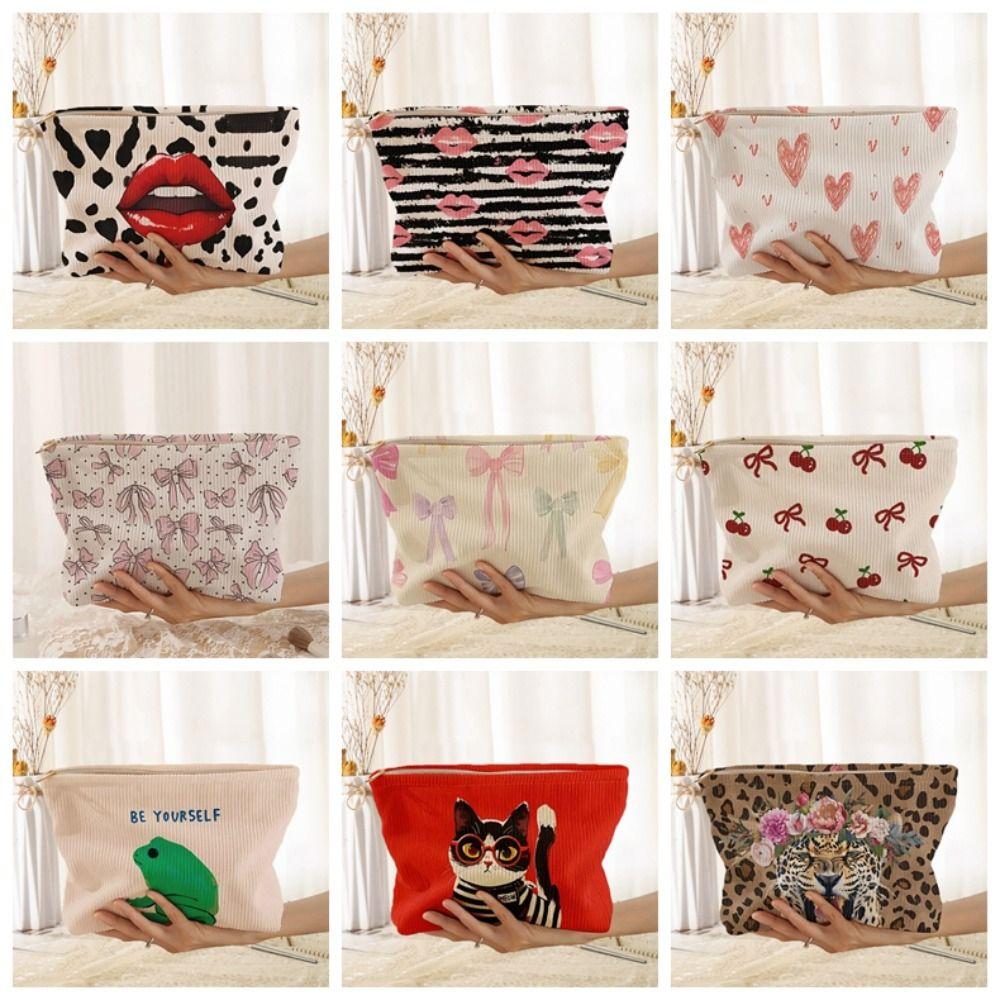 Lip Pattern Printed Makeup Bag Lightweight with Zipper Cosmetic Storage Bag Tiger Cat Frog Leopard Print Clutch Bags Travel