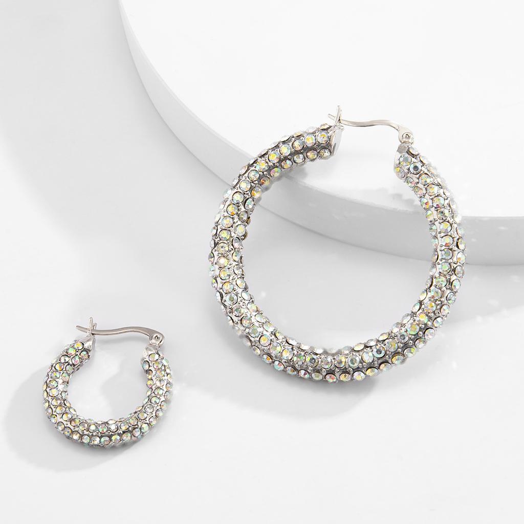 Fashion Light Luxury C-Shaped Full Diamond Set Earrings, Temperament Versatile With Colored Diamond Geometric Studs