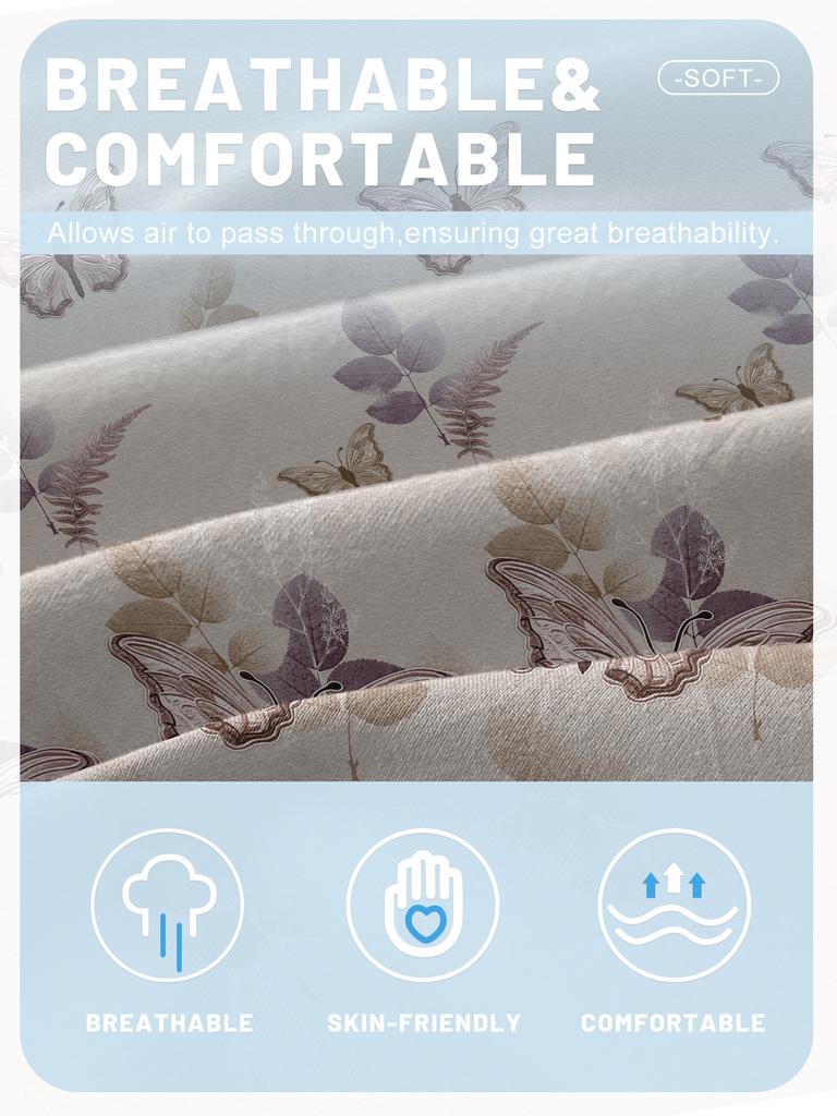 1Simple Modern Plant Flower Leaf Butterfly Printed Matte Fitted Sheet, Bedroom Printed Bed Cover, Bedding(Excluding Pillowcases)