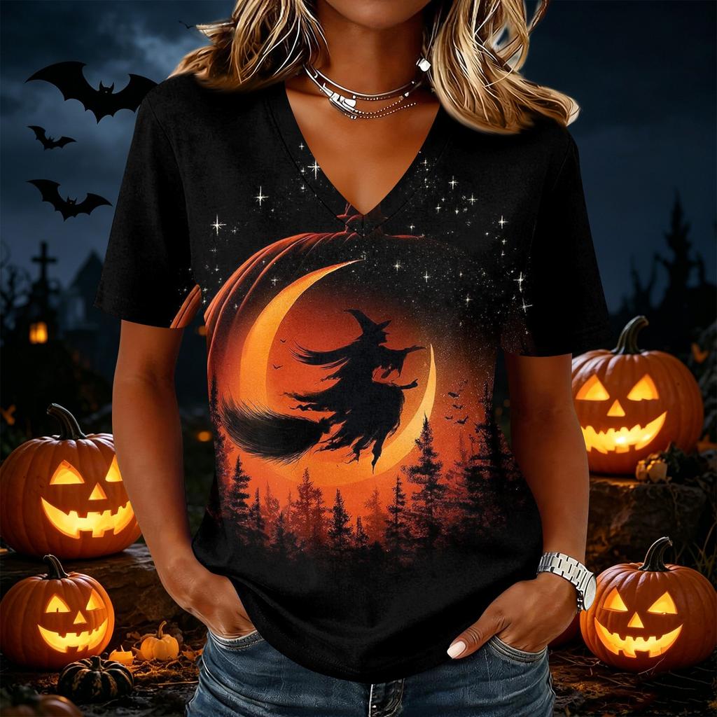 Women's Casual Short Sleeve Halloween Print V Neck Pullover Top Lightweight Comfortable Fit Seasonal Graphic Tee for Everyday Wear