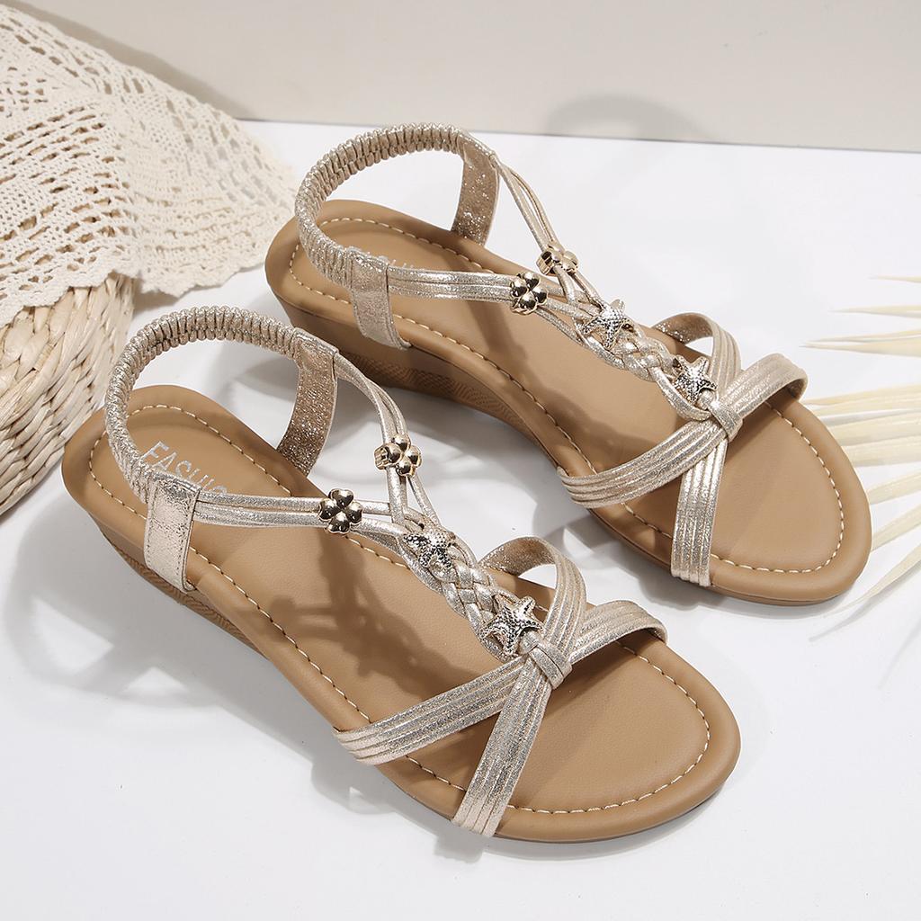 Fashion Bohemia Style Wedge Sandals Women 2025 Summer Fashion Gold Platform Sandals Woman Peep Toe Outdoor Beach Shoes Plus Size 42