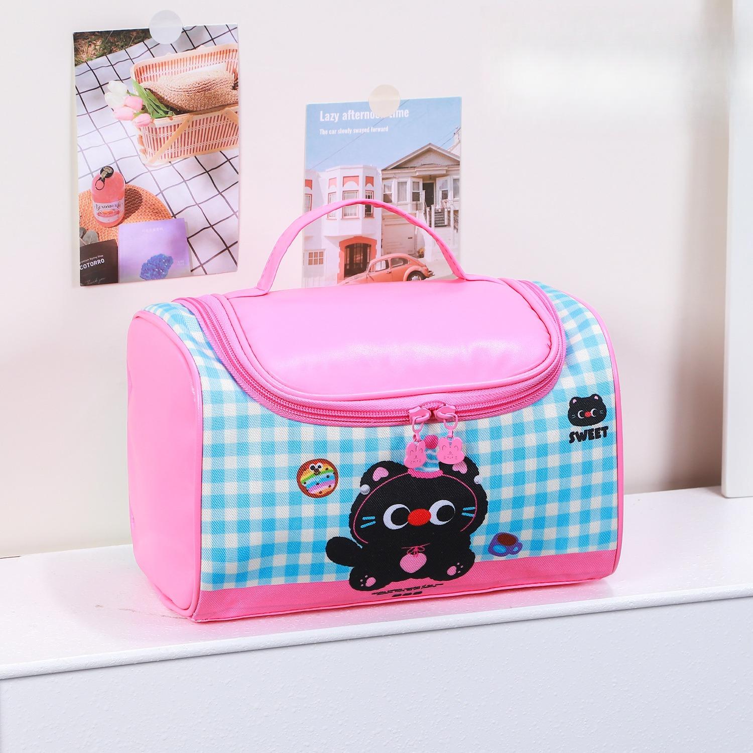 Cute Cat Storage Bag Student Portable Toiletry Bag Travel Storage Bag Cartoon Checkered Color-Block Handheld Makeup Bag