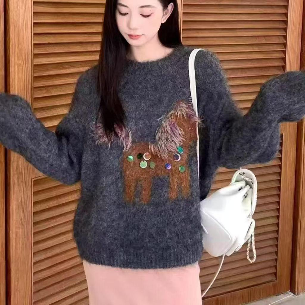 2025 Autumn/Winter Chic Korean Brown Knit Sweater with Little Horse Embroidery – Women's Soft, Loose Fit Top