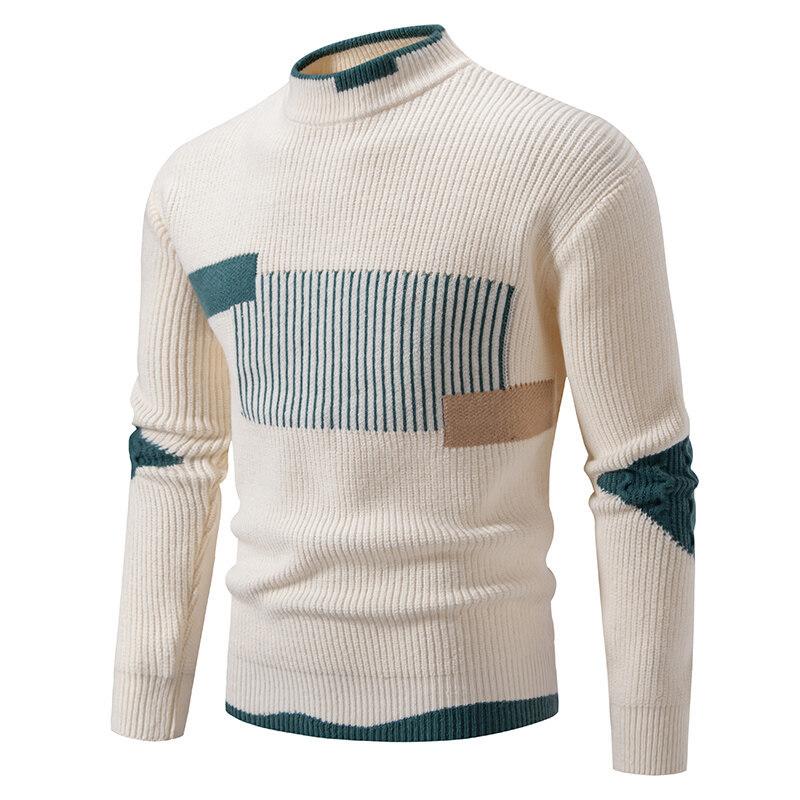 

Autumn and Winter Men s Clothing Fashion Contrasting Colors Crew Neck Warm Knitted Sweater Loose Striped Sweater Large Size M