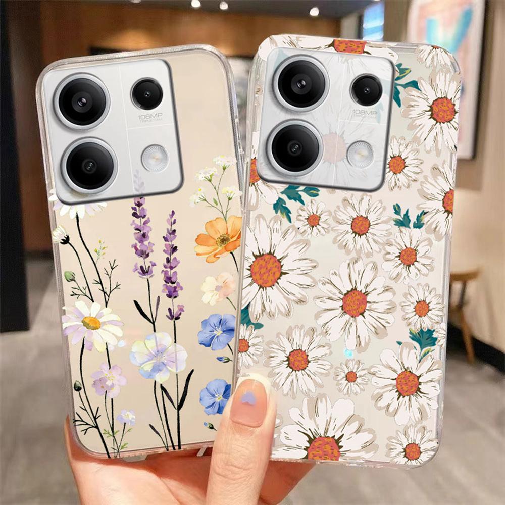 Ink Peony Wildflower Floral Clear Phone Case For Xiaomi Redmi Note 13 12 11 8 9 10 Pro 12s Shockproof Soft TPU Transparent Cover