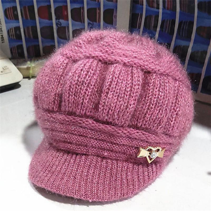 Warm Autumn Winter Knitted Wool Hat for Middle-aged & Elderly Women with Velvet Lining One Size розовый