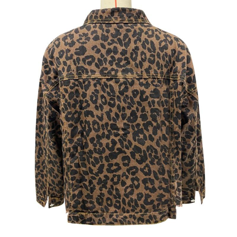 Women's Spring and Autumn Denim Jacket Leopard Print Long Sleeve Short Loose Casual Jacket
